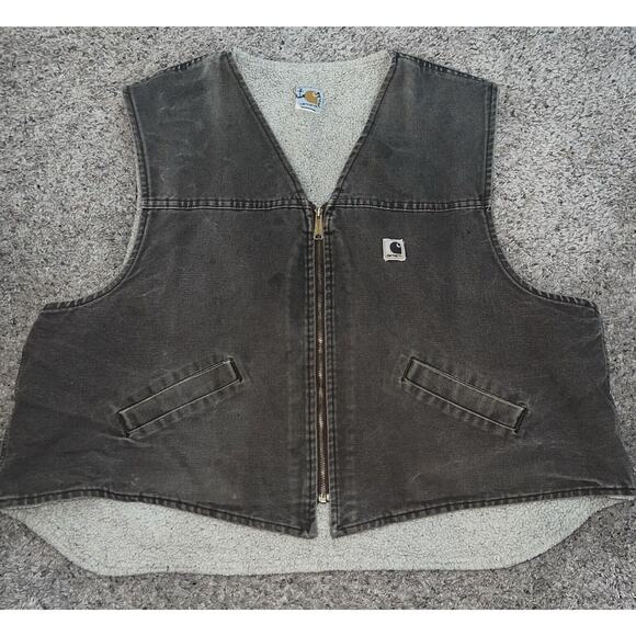 CARHARTT vintage?Vest 2XL Brown Sherpa Lined Duck Canvas Ranch Work Wear Zip Up - Picture 3 of 9